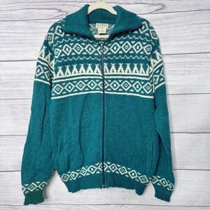 LL Bean Vintage Mens XL Wool Fair Isle Full Zip Sweater Teal Green Made in USA